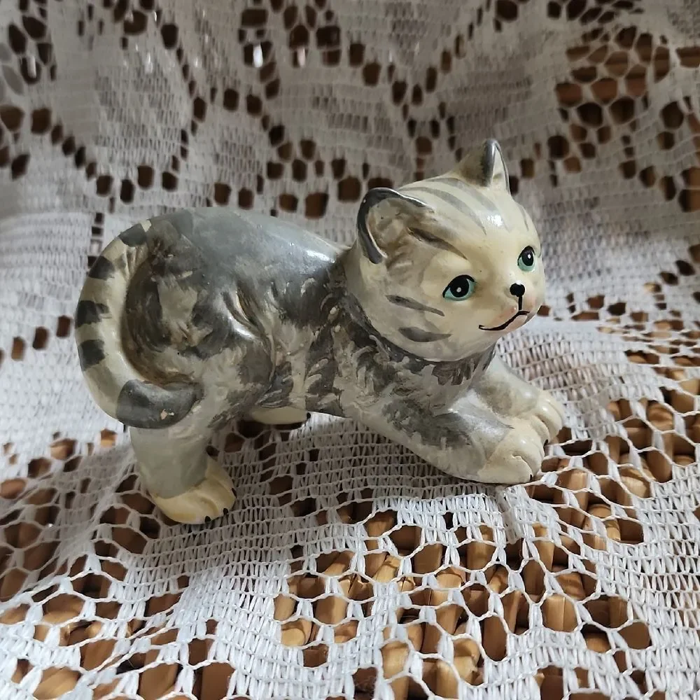 Vintage Meow! Ceramic Striped Tabby Cat Made In Sri Lanka